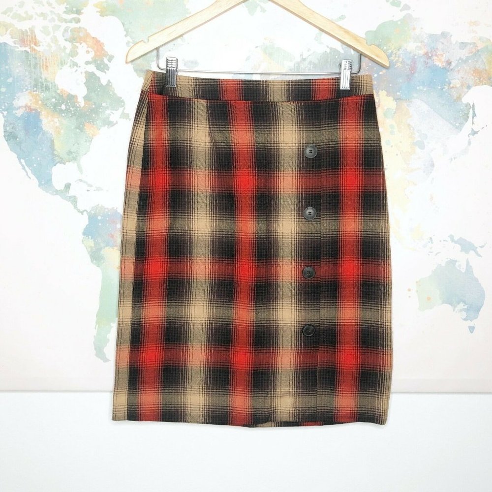 Cato Skirt Straight Plaid Red Brown Zip Up Button Accents Women’s Size 6